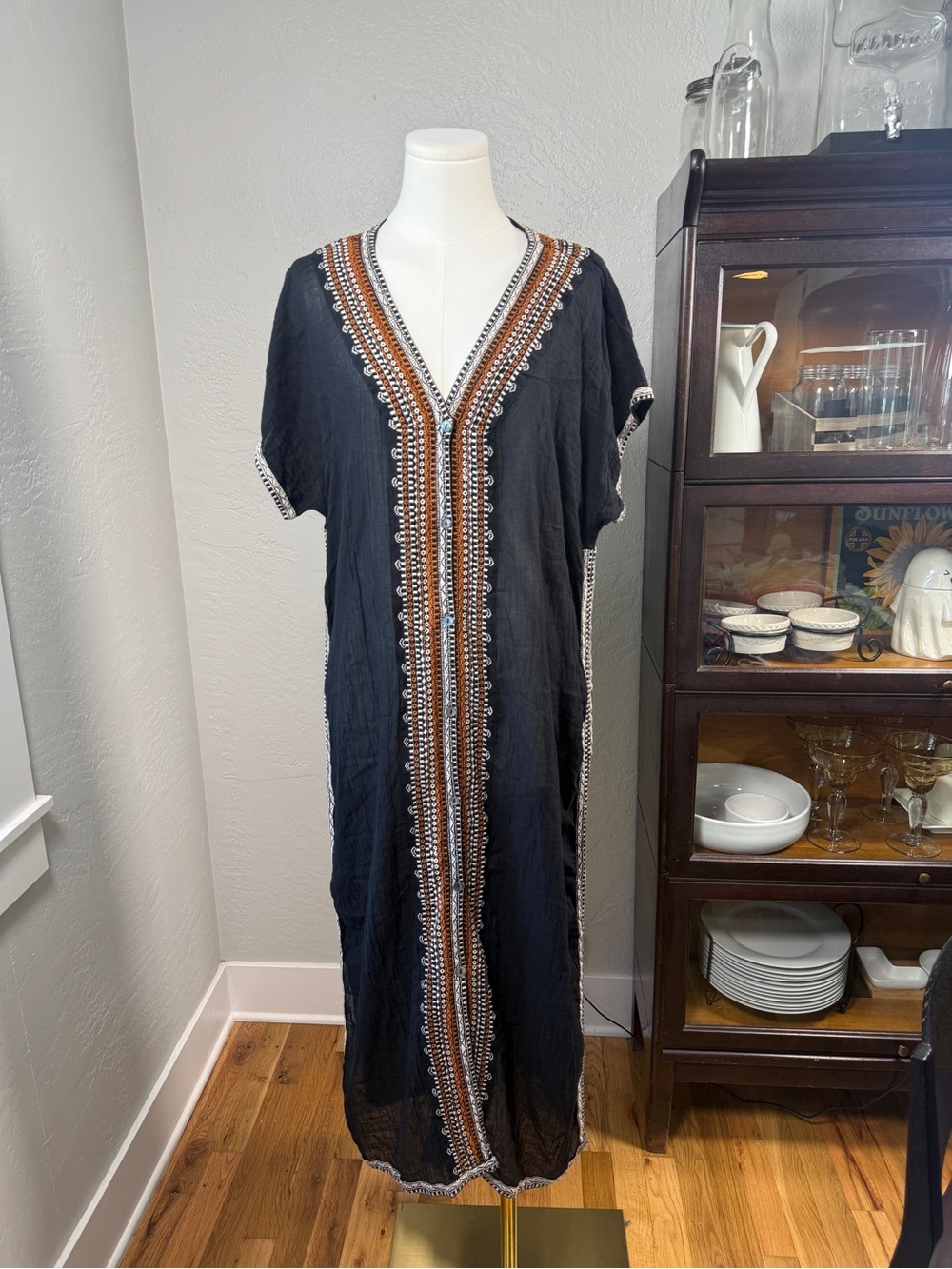 Garnet Hill Organic Cotton Embroidered Caftan Maxi Dress Black Boho Size L